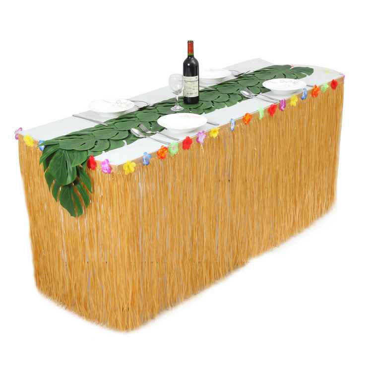 9 ft Hawaiian Luau Table Skirt Yellow Grass Table Skirt with Hibiscus Tropical Leaf Grass Table Runner