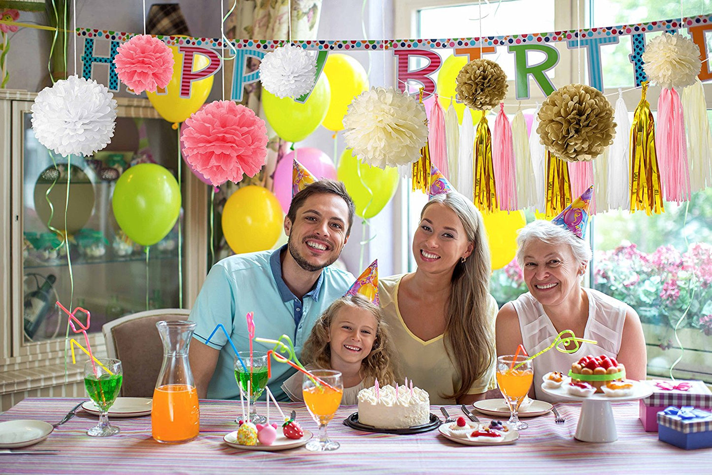 Pink and Gold Party Supplies with Tissue Pom Tassel Garland Party Decorations (35 pcs)