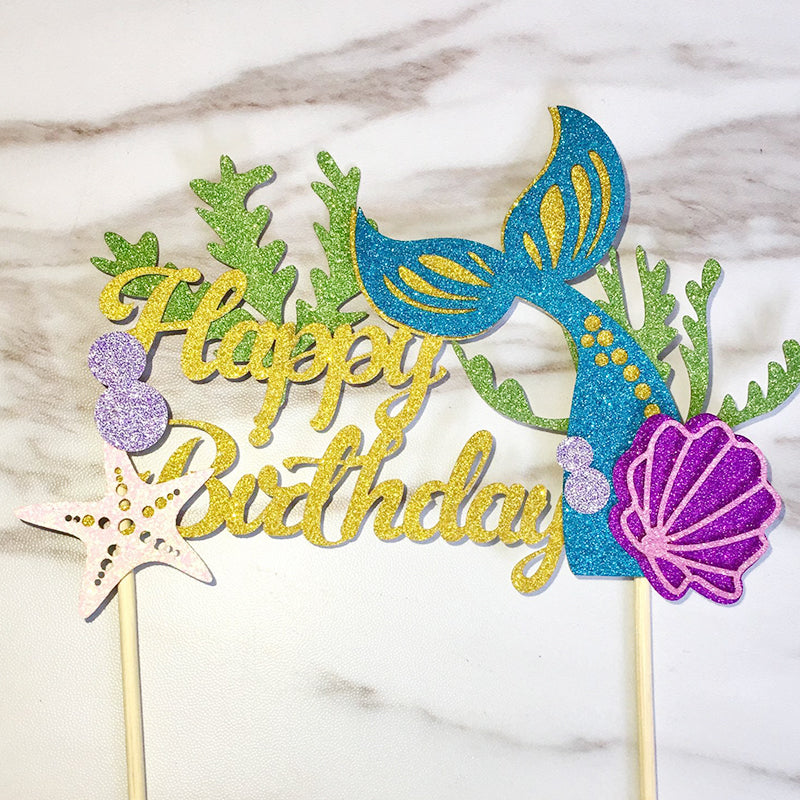 Mermaid Happy Birthday Glitter Cake Topper