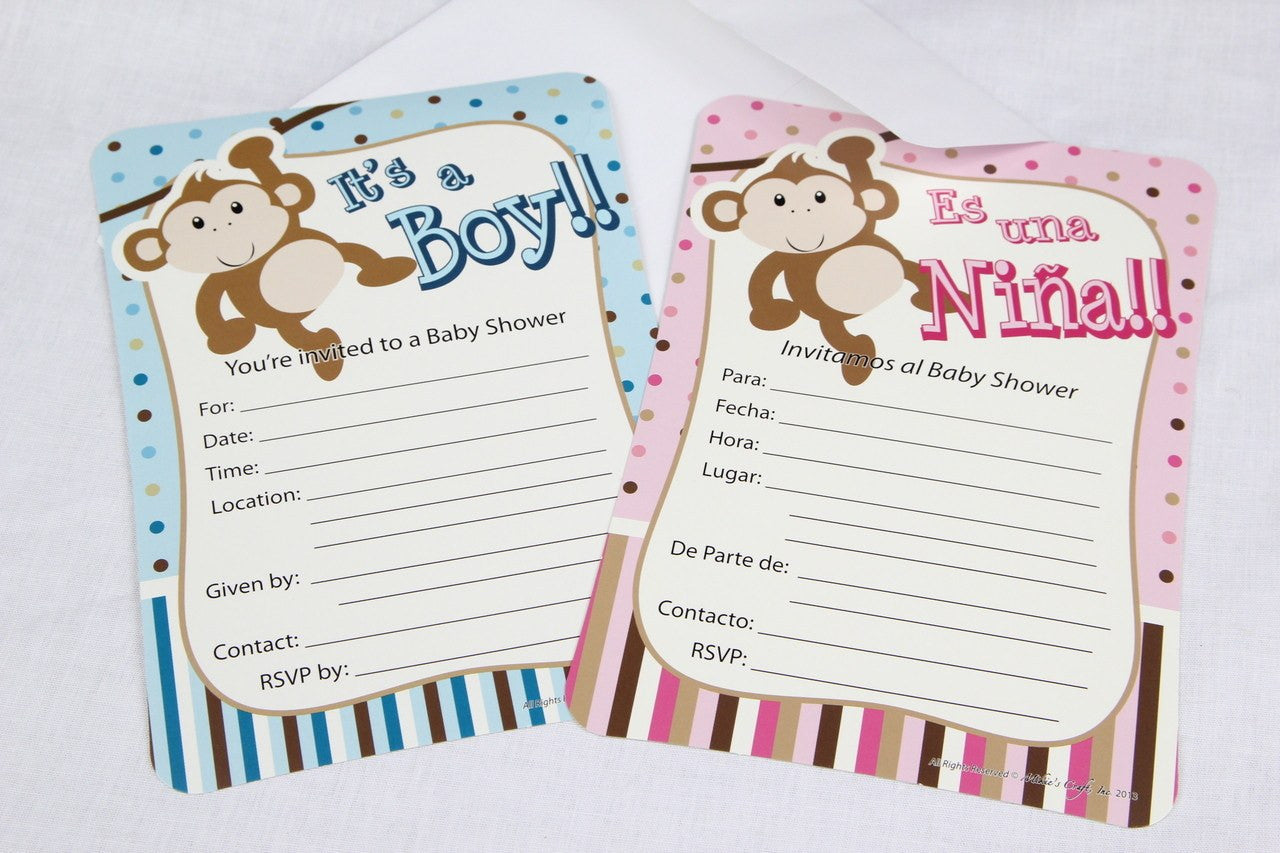 12 pcs-Boy Baby Shower Invitation (Monkey) Spanish