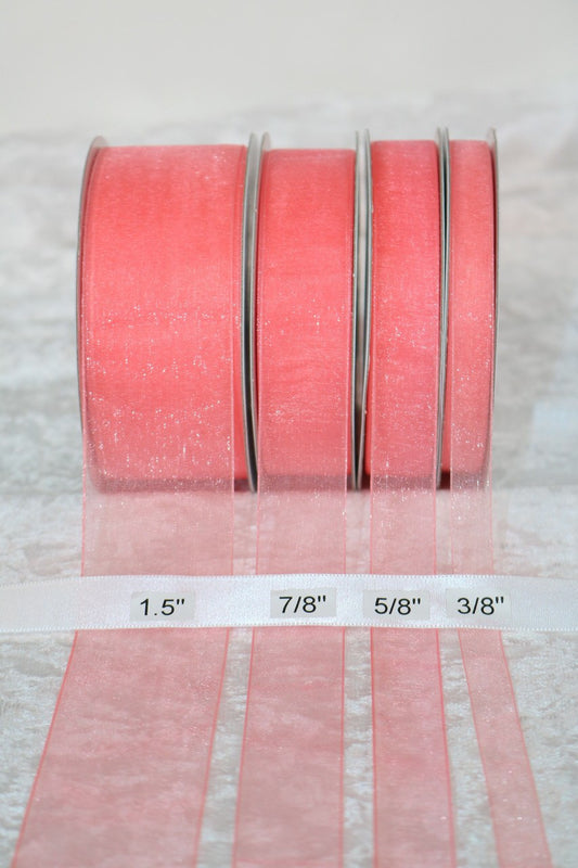 25 yards-Coral Organza Ribbon (3/8", 5/8", 7/8", 1.5" )