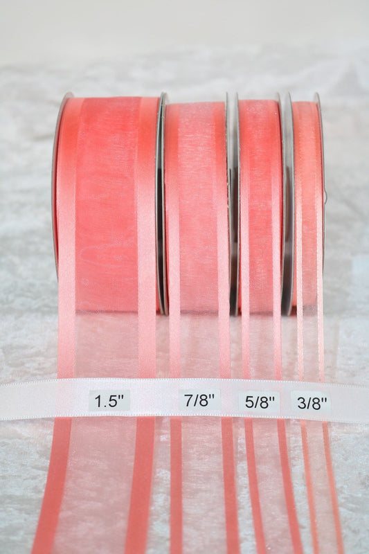 25 yards-Coral w/ Satin Trim Ribbon (3/8", 5/8", 7/8", 1.5" )