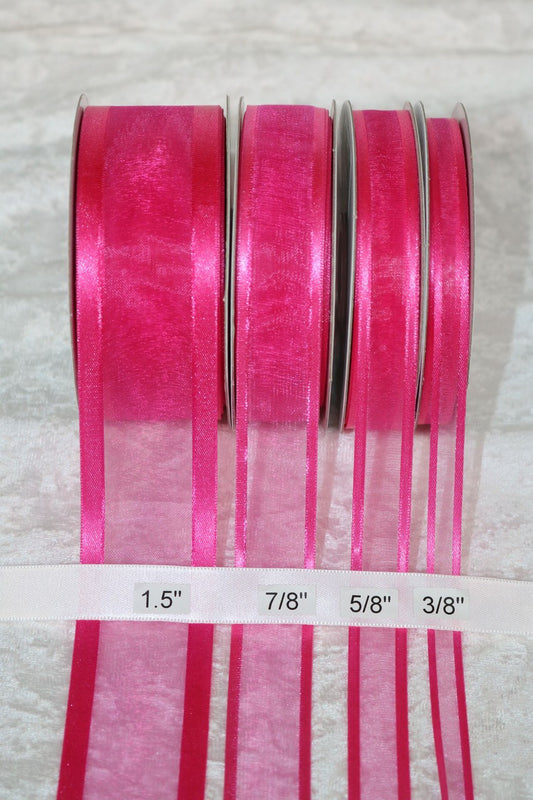 25 yards-Fuchsia w/ Satin Trim Ribbon (3/8", 5/8", 7/8", 1.5" )