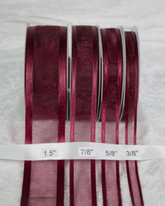 25 yards-Burgundy w/ Satin Trim Ribbon (3/8", 5/8", 7/8", 1.5" )