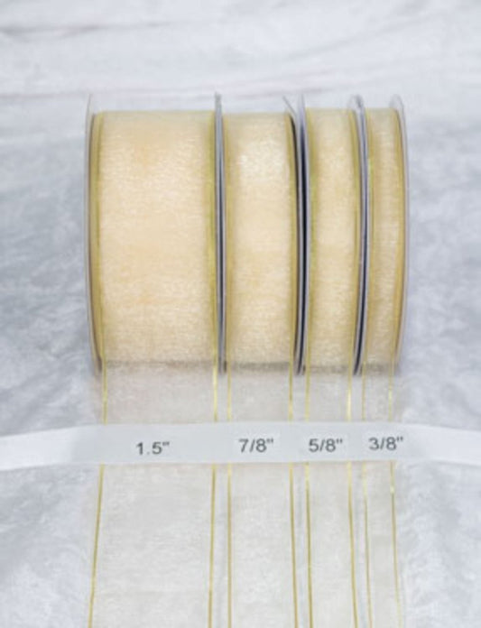 25 yards-Eggshell/Gold edge Organza Ribbon (3/8", 5/8", 7/8", 1.5" )