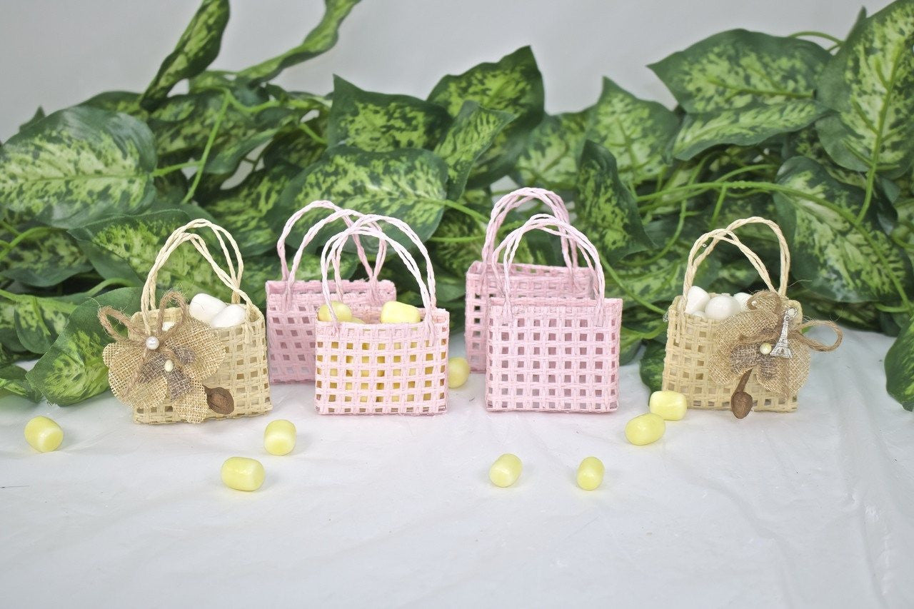 12 pcs- Pink Checkered Square Tote Favor Bags