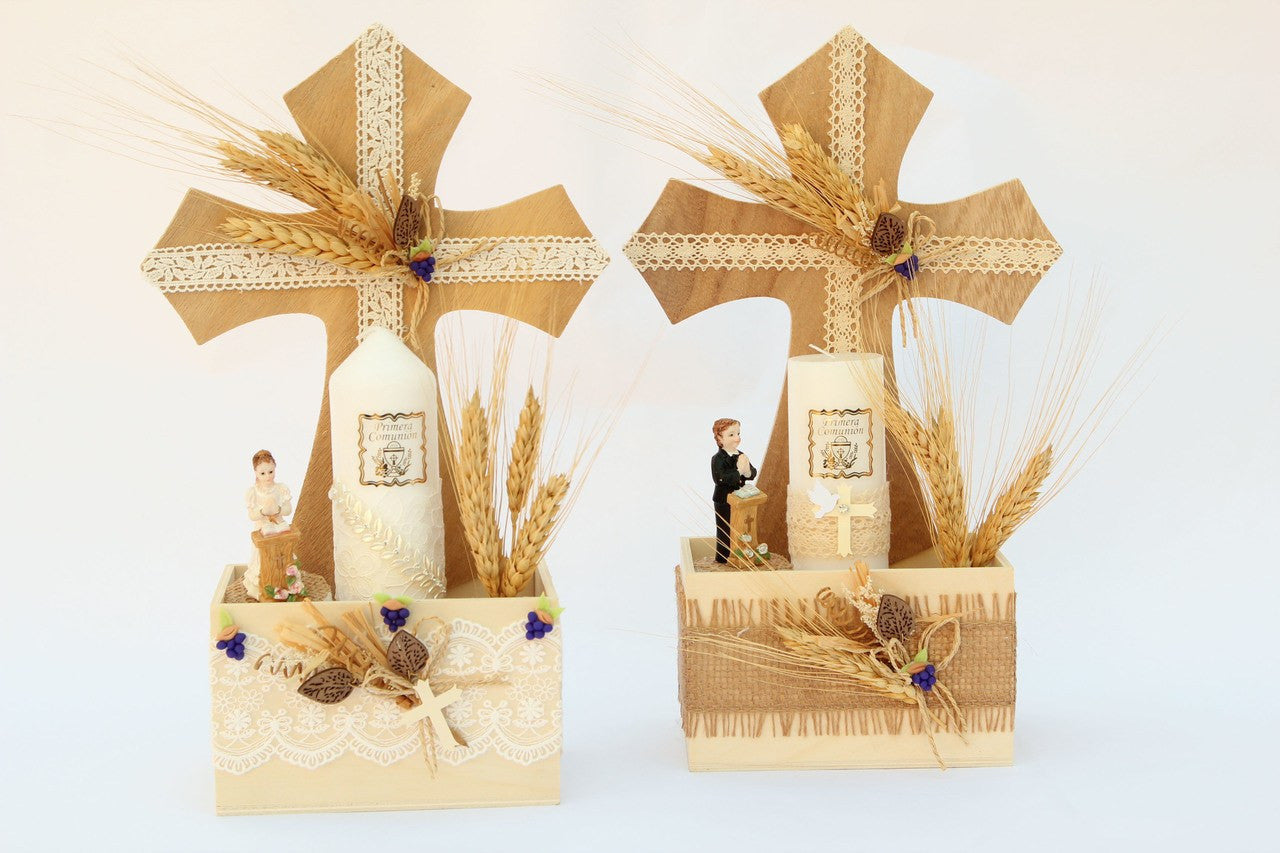 First Communion Wooden Cross & Candle Centerpiece (Boy/Girl Podium)