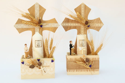 First Communion Wooden Cross & Candle Centerpiece (Boy/Girl Podium)