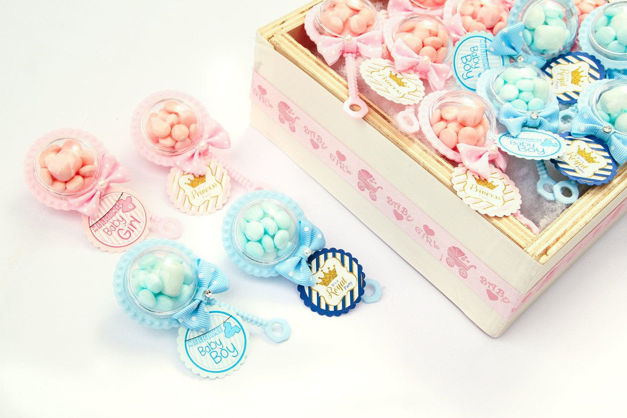 Pre-made Pink/Blue Rattle Marshmallow Candy Favor Containers