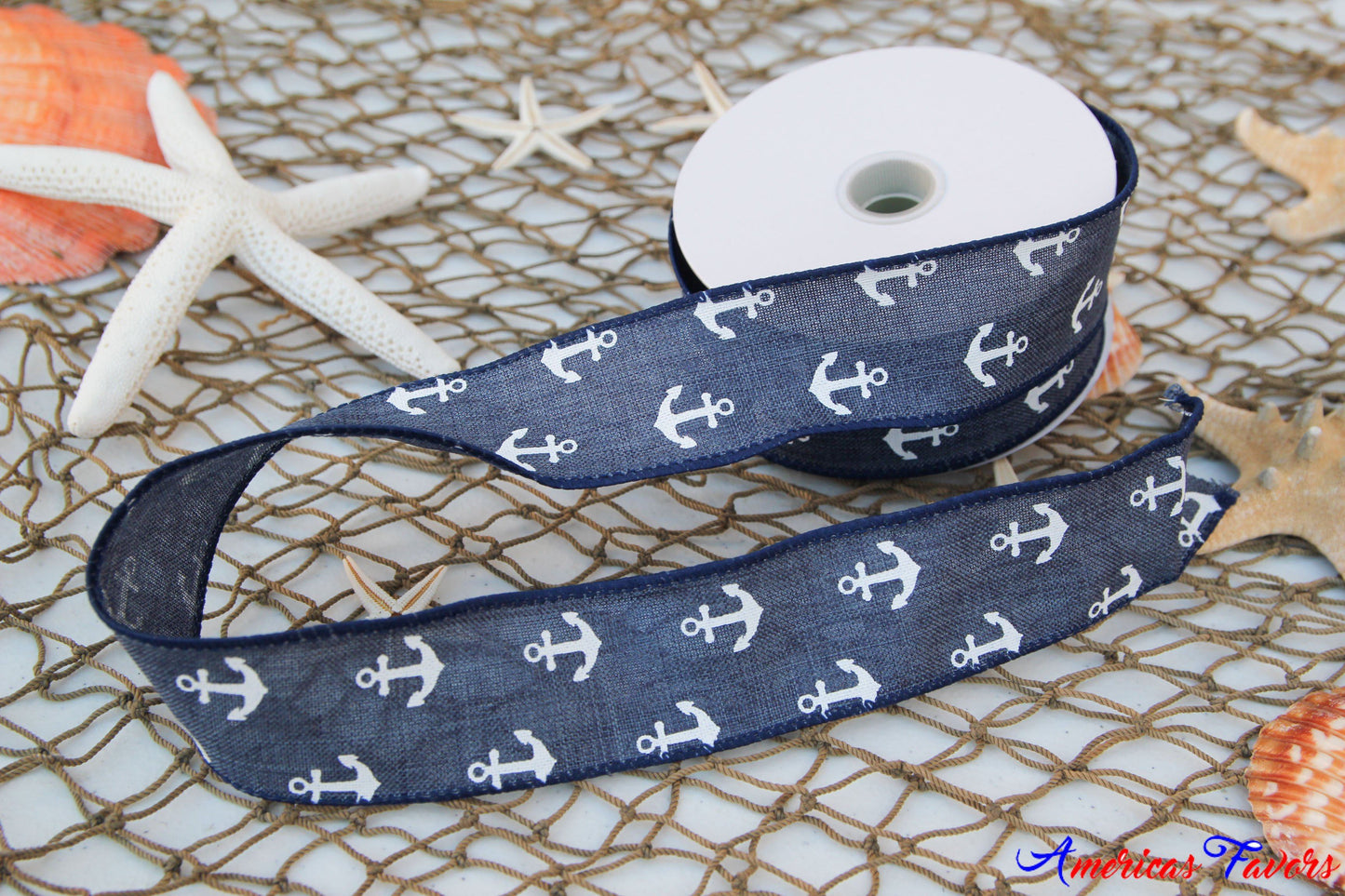 1.5" Wired Navy Anchor Ribbon