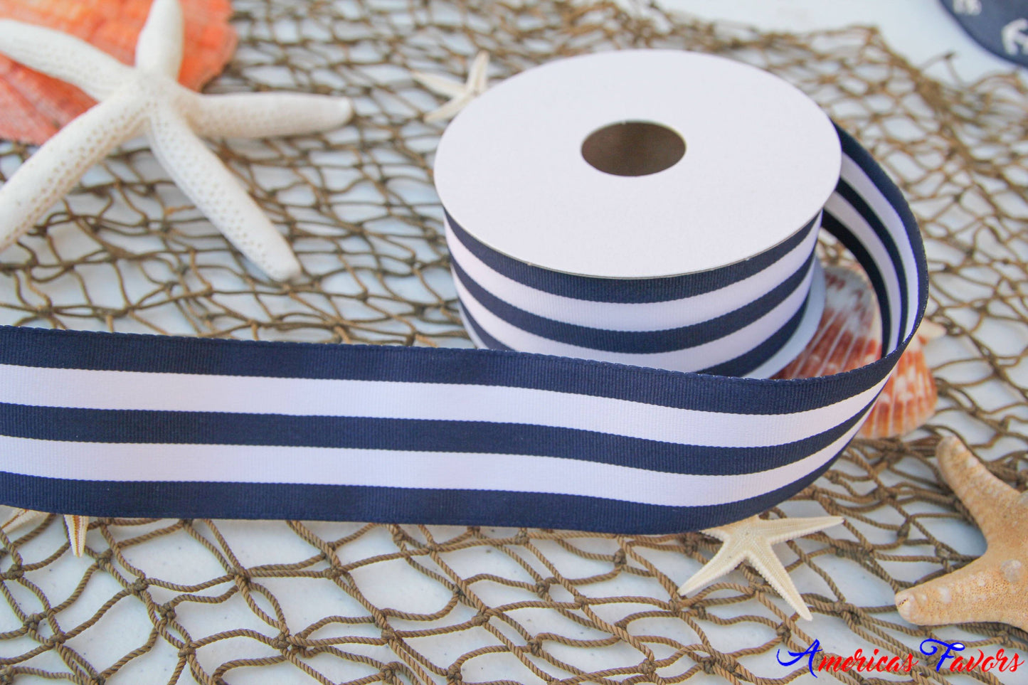 1.5" Striped Navy & White Ribbon