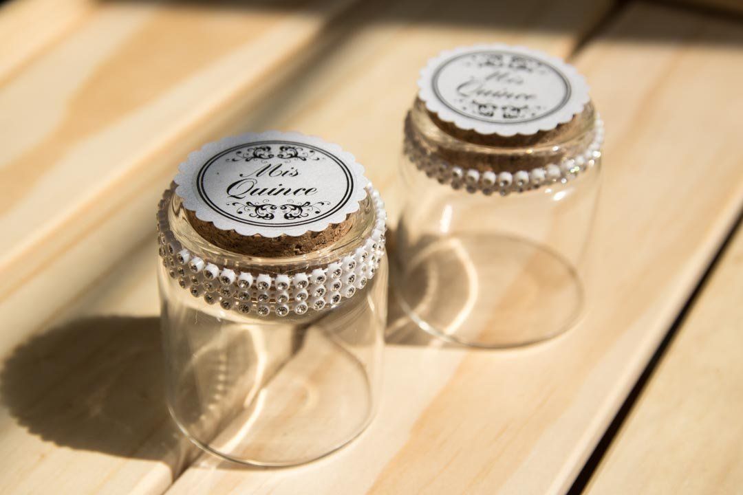 XV Short Round Glass Bottle with Rhinestones & Candies