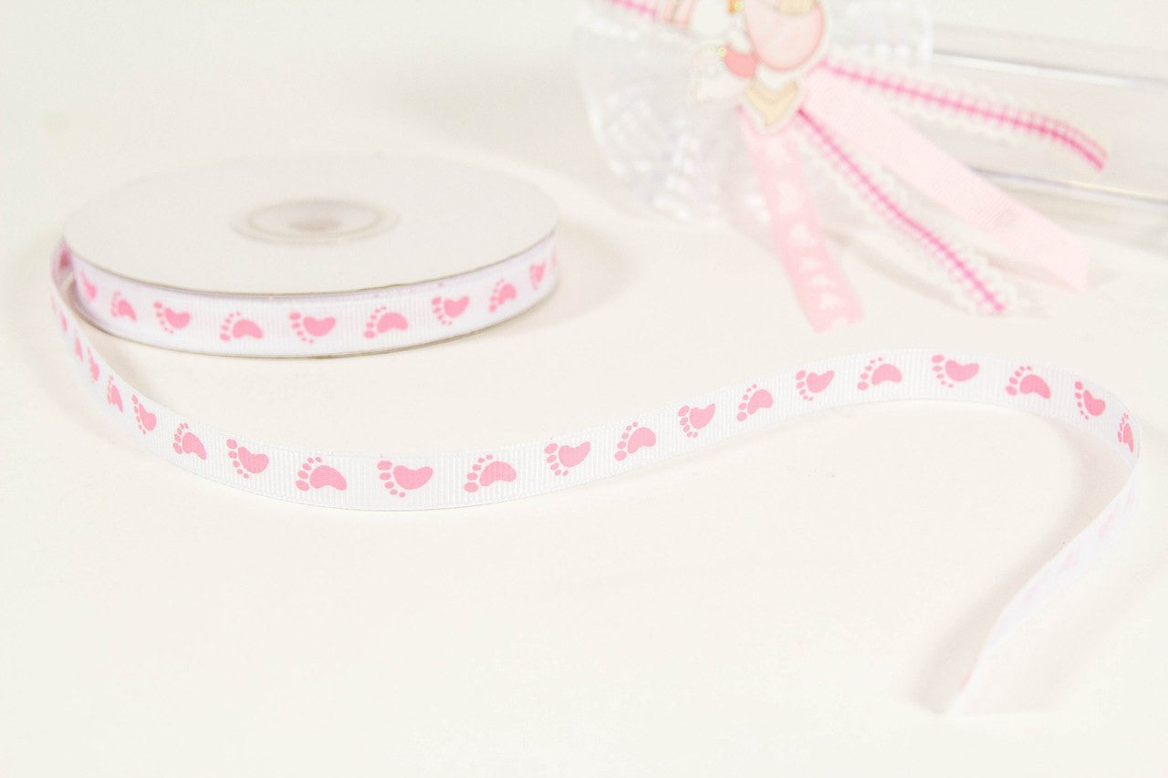 25 yards-Pink Grosgrain Baby Feet Ribbon 3/8"