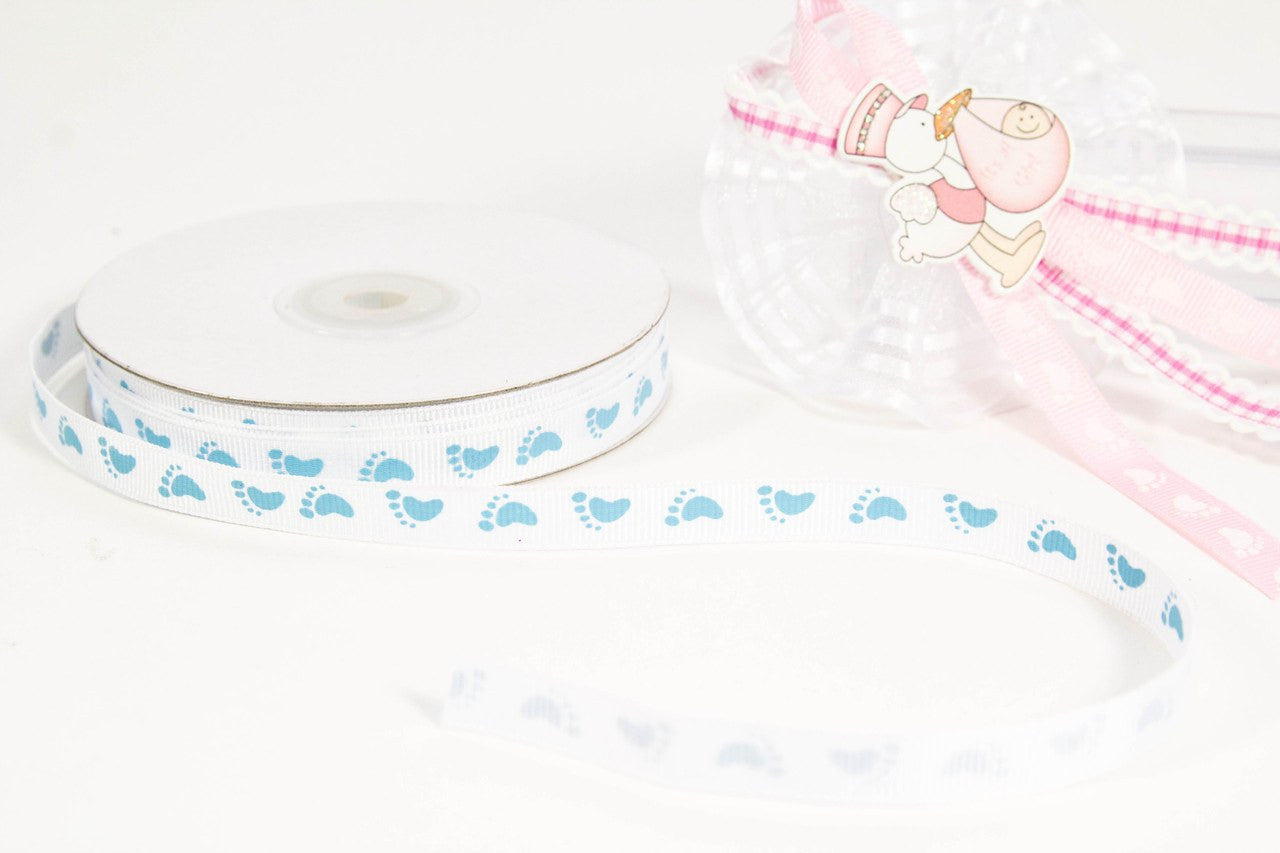 25 yards-Blue Grosgrain Baby Feet Ribbon 3/8"