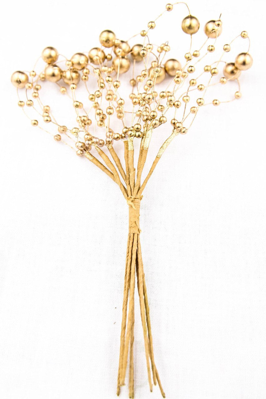 6pcs-Gold Pearl w/ metal wire stem