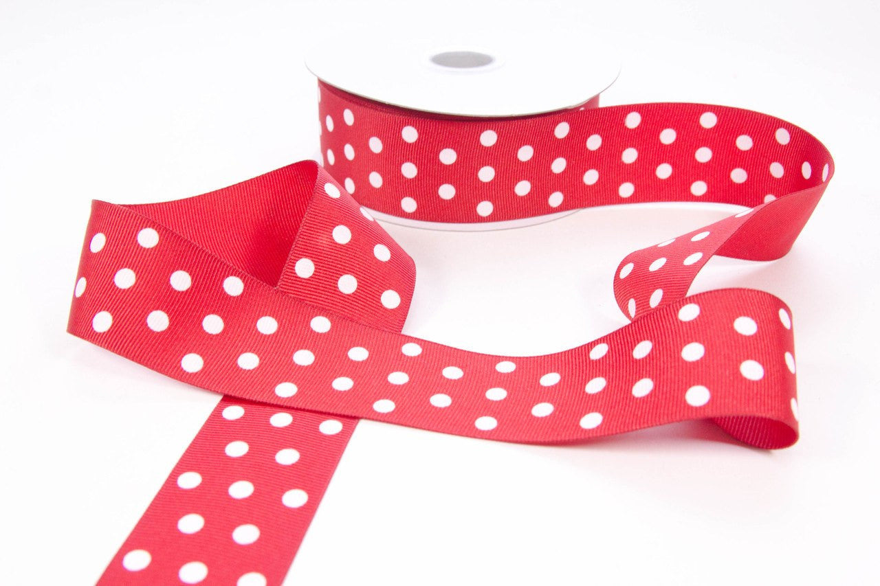 25 yard- Grosgrain Red & White Polka Dot Ribbon 1.5"