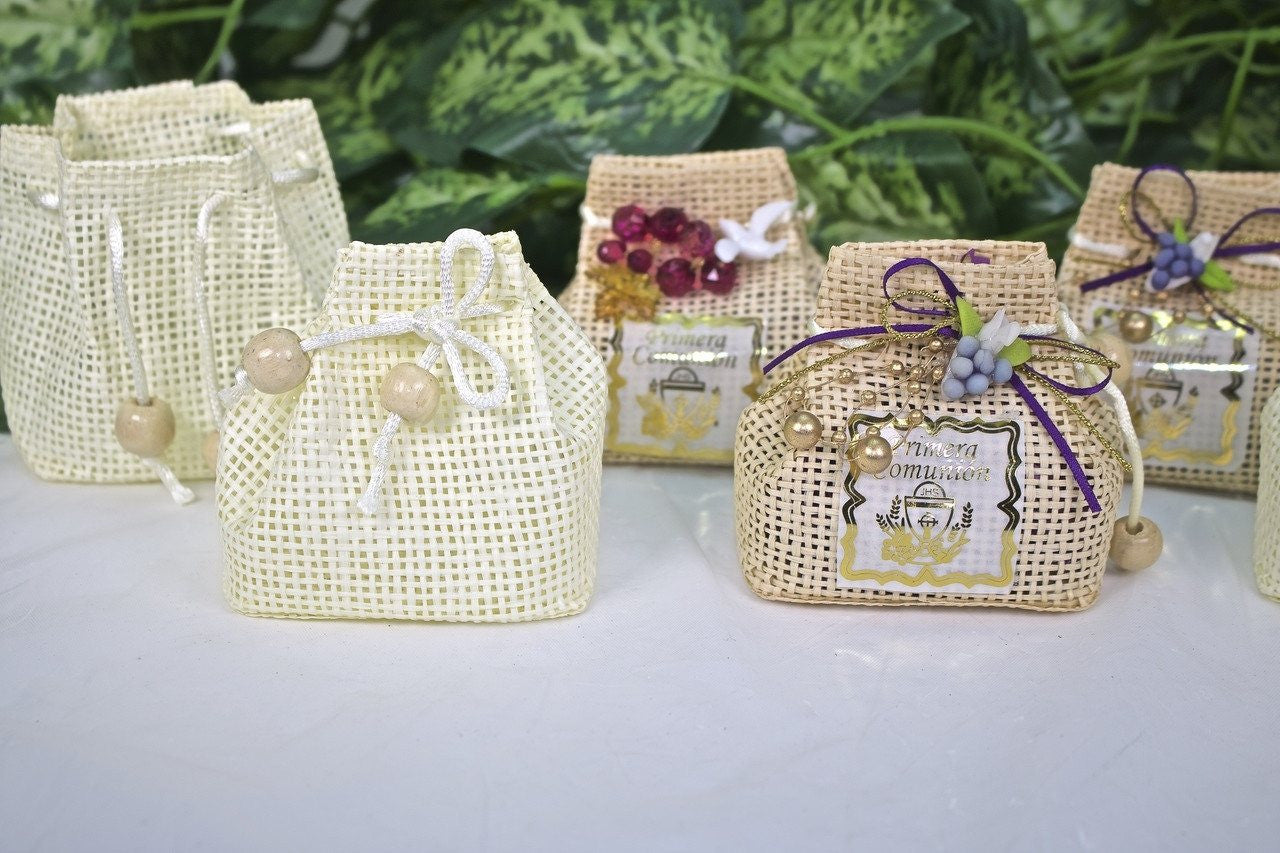 12 pcs- Large Drawstring Favor Bags w/ Wooden Ball Ivory