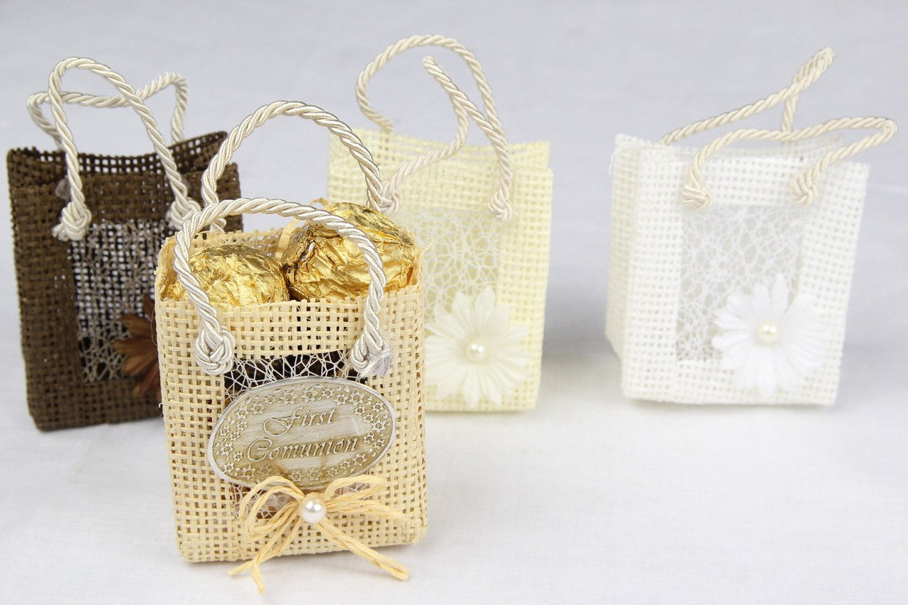 12 pcs-Square Tote Bag w/ Mesh Natural