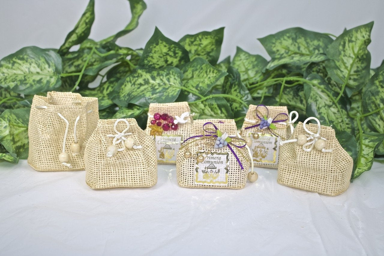 12 pcs-Small Drawstring w/ Wooden Ball Favor Bags Natural