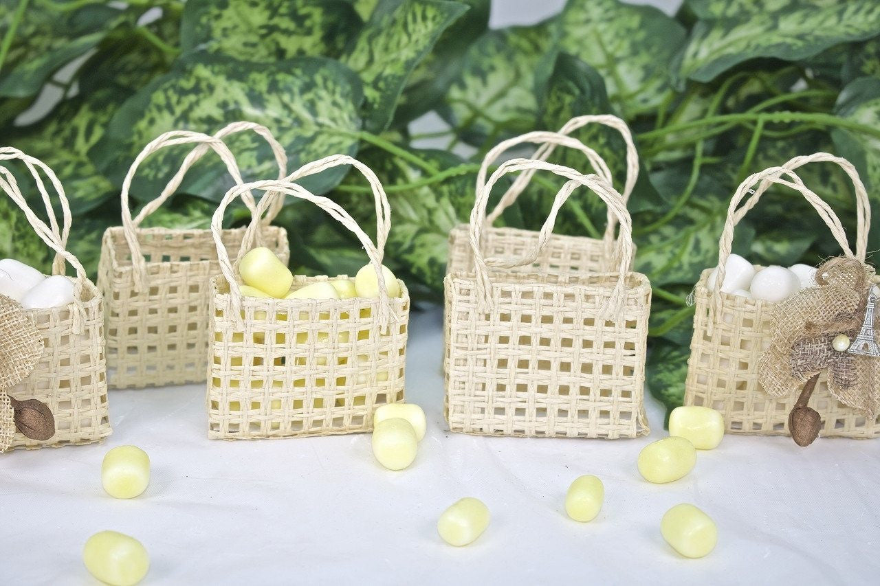 12 pcs- Natural Checkered Square Tote Favor Bags