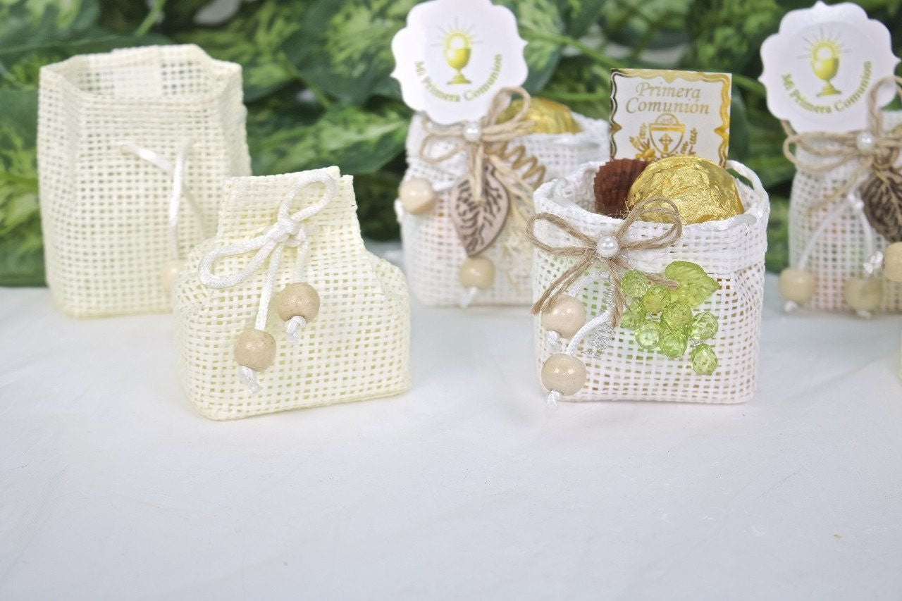 12 pcs-Small Drawstring w/ Wooden Ball Favor Bags White