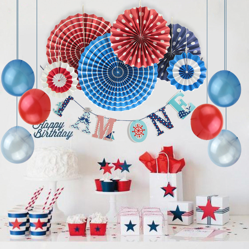 11 Nautical Party Decoration Kit with I AM ONE Banner Balloons, PaperFans