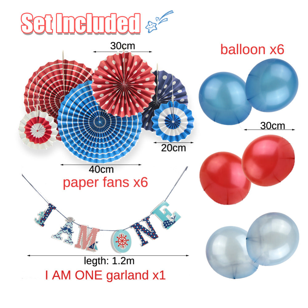 11 Nautical Party Decoration Kit with I AM ONE Banner Balloons, PaperFans