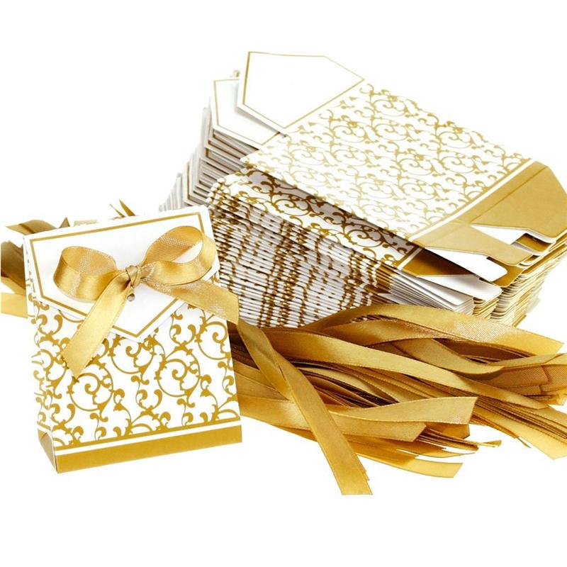Gold Wedding Favor Envelope Bag with Ribbon (50 Pcs)