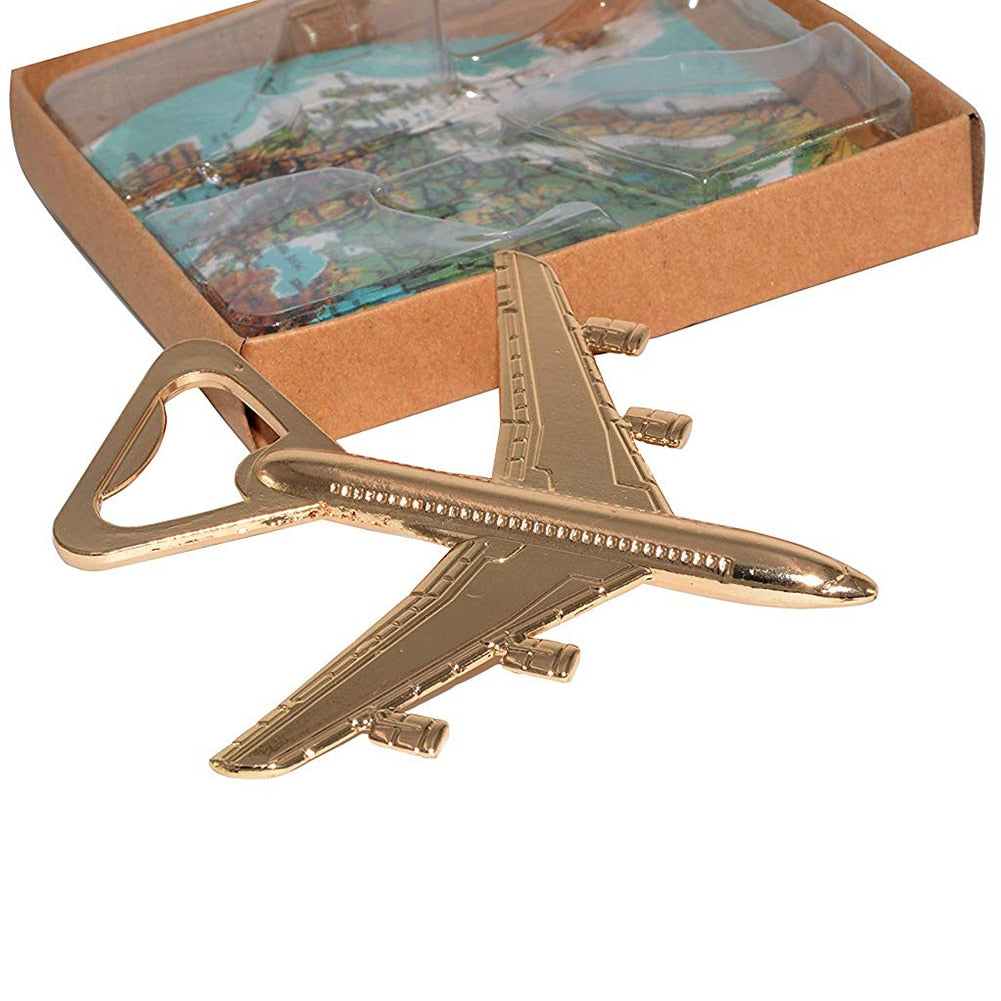 12 Gold Airplane Beer/Wine Bottle Opener Favors
