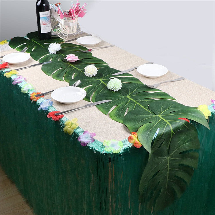 9 ft Hawaiian Luau Table Skirt Yellow Grass Table Skirt  with Hibiscus Tropical Leaf Grass Table Runner