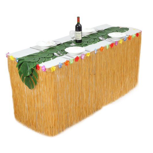 9 ft Hawaiian Luau Table Skirt Yellow Grass Table Skirt  with Hibiscus Tropical Leaf Grass Table Runner