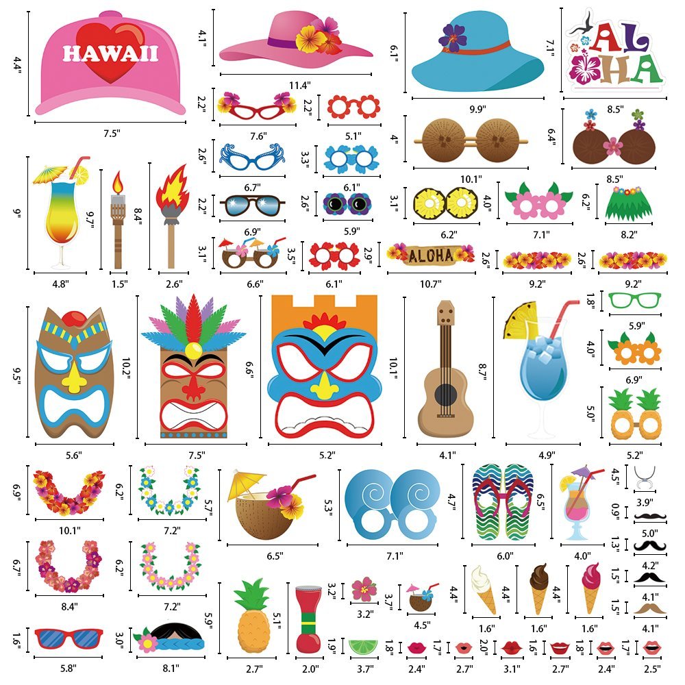 60 pcs Hawaiian/Tropical/Tiki/Luau Photo Booth Props