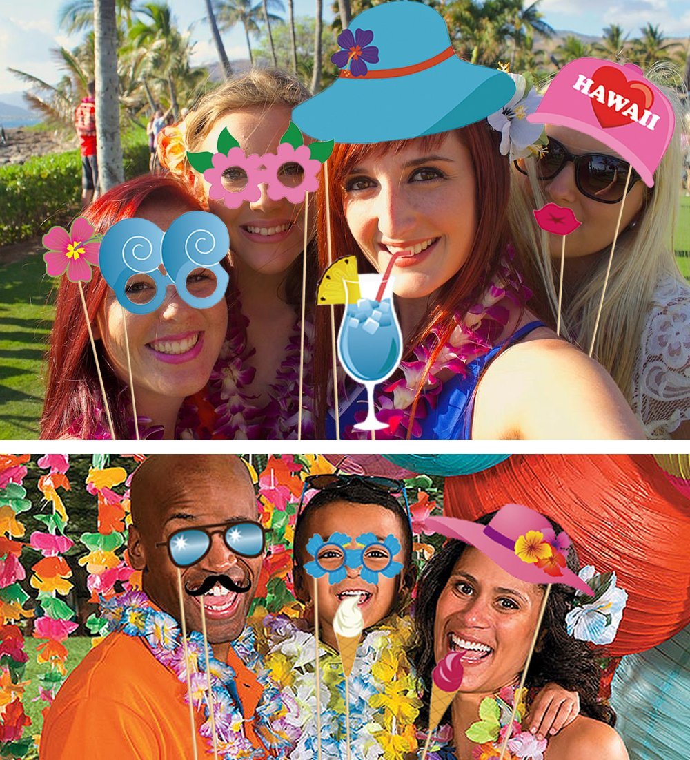 60 pcs Hawaiian/Tropical/Tiki/Luau Photo Booth Props