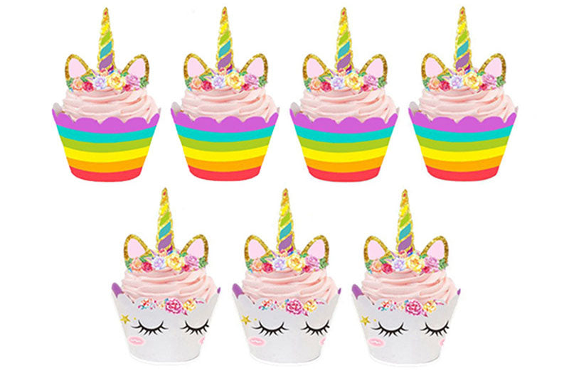 Unicorn Cupcake Toppers and Wrappers Double Sided (Unicorn/Rainbow) (12 pcs)