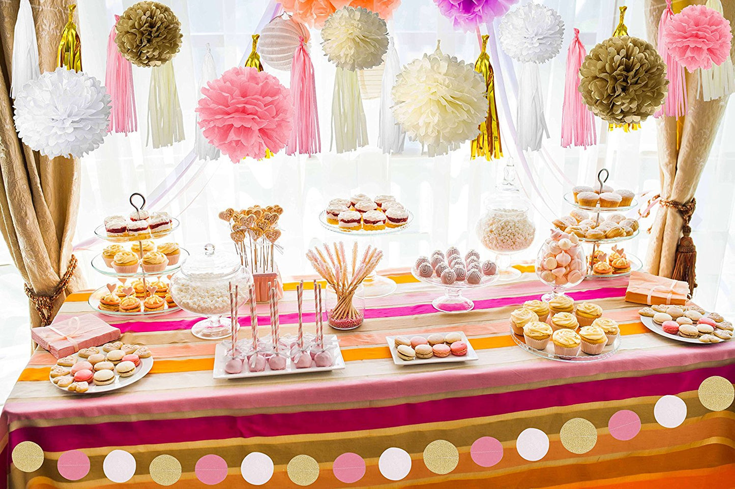 Pink and Gold Party Supplies with Tissue Pom Tassel Garland Party Decorations (35 pcs)