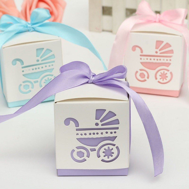 Laser Cut Carriage Party Favor Boxes With Ribbon (12 Pieces) - Americasfavors