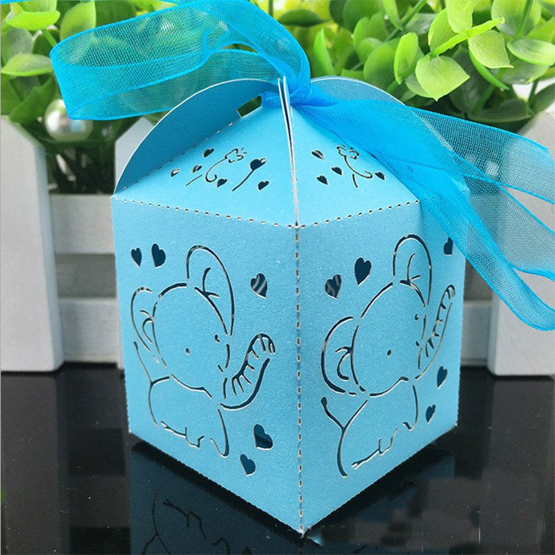 Elephant Baby Shower Laser Cut Favors Box  With Ribbon 3 Colors (10 pieces) - Americasfavors