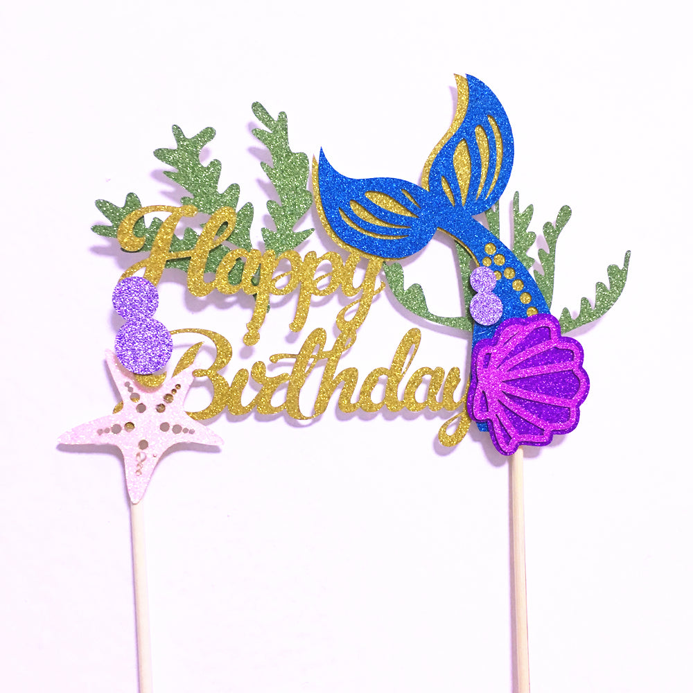 Mermaid Happy Birthday Glitter Cake Topper