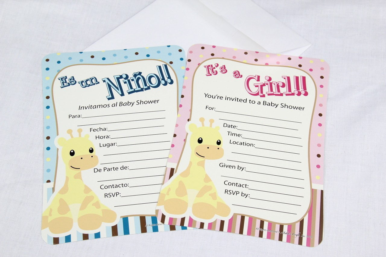 12 pcs-Girl Baby Shower Invitation (Giraffe) Spanish
