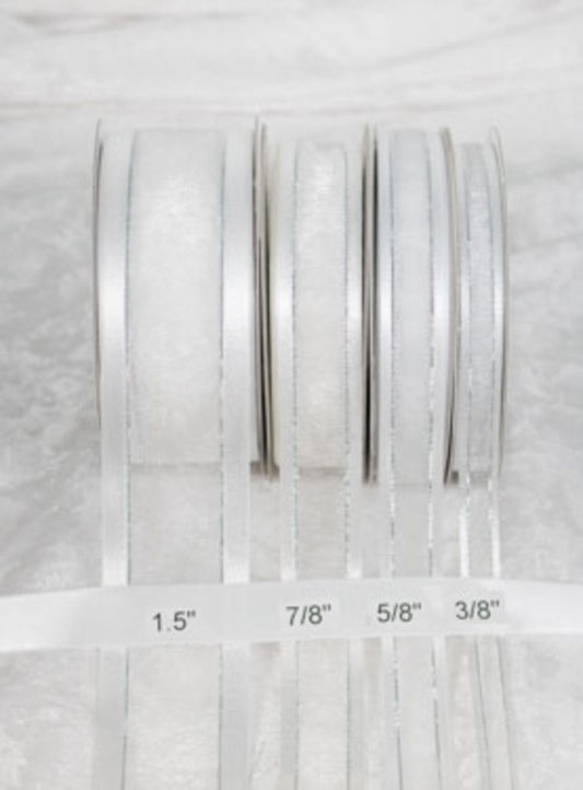 25 yards-White/Silver edgew/ Satin Trim Ribbon (3/8", 5/8", 7/8", 1.5" )