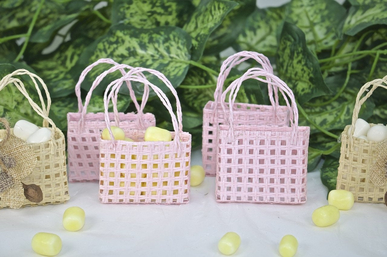12 pcs- Pink Checkered Square Tote Favor Bags