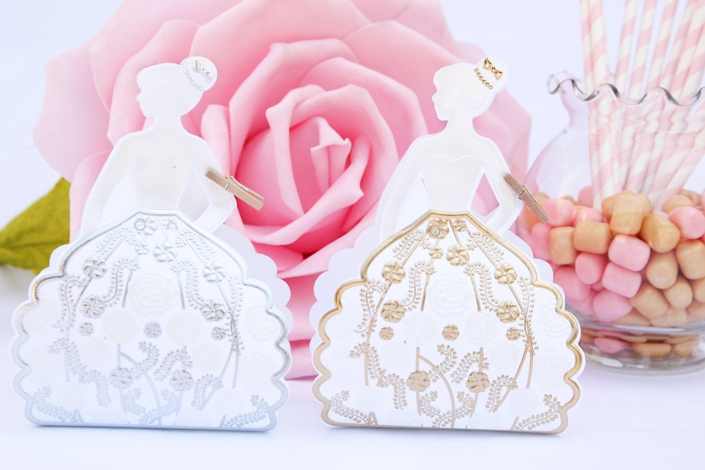 Silver & Gold Quinceanera Silhouette Favor Dress Boxes (12 pieces) - Americasfavors