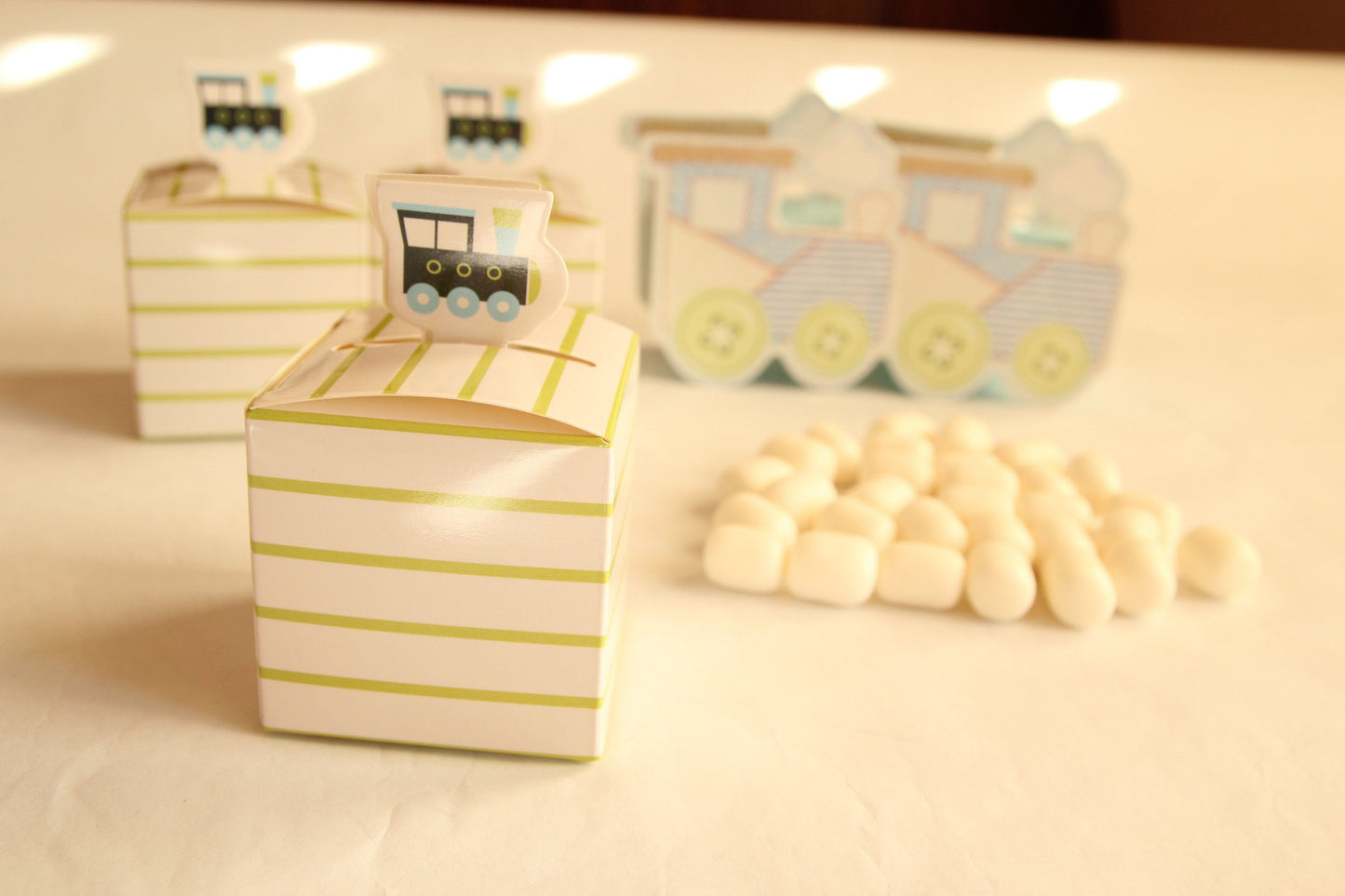 2.5" White Square Train Favor Boxes with Green Stripes (12 pieces)