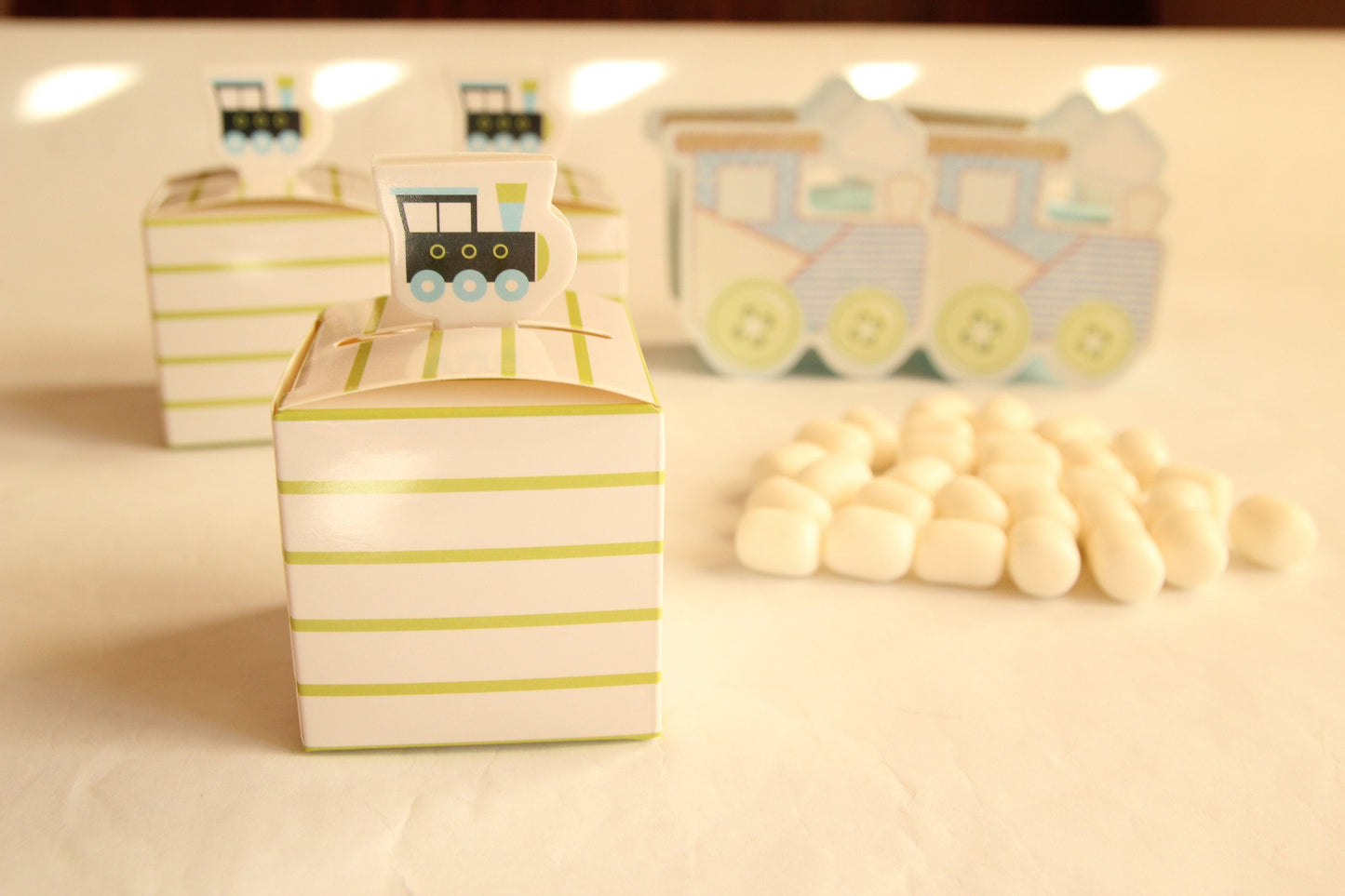 2.5" White Square Train Favor Boxes with Green Stripes (12 pieces)