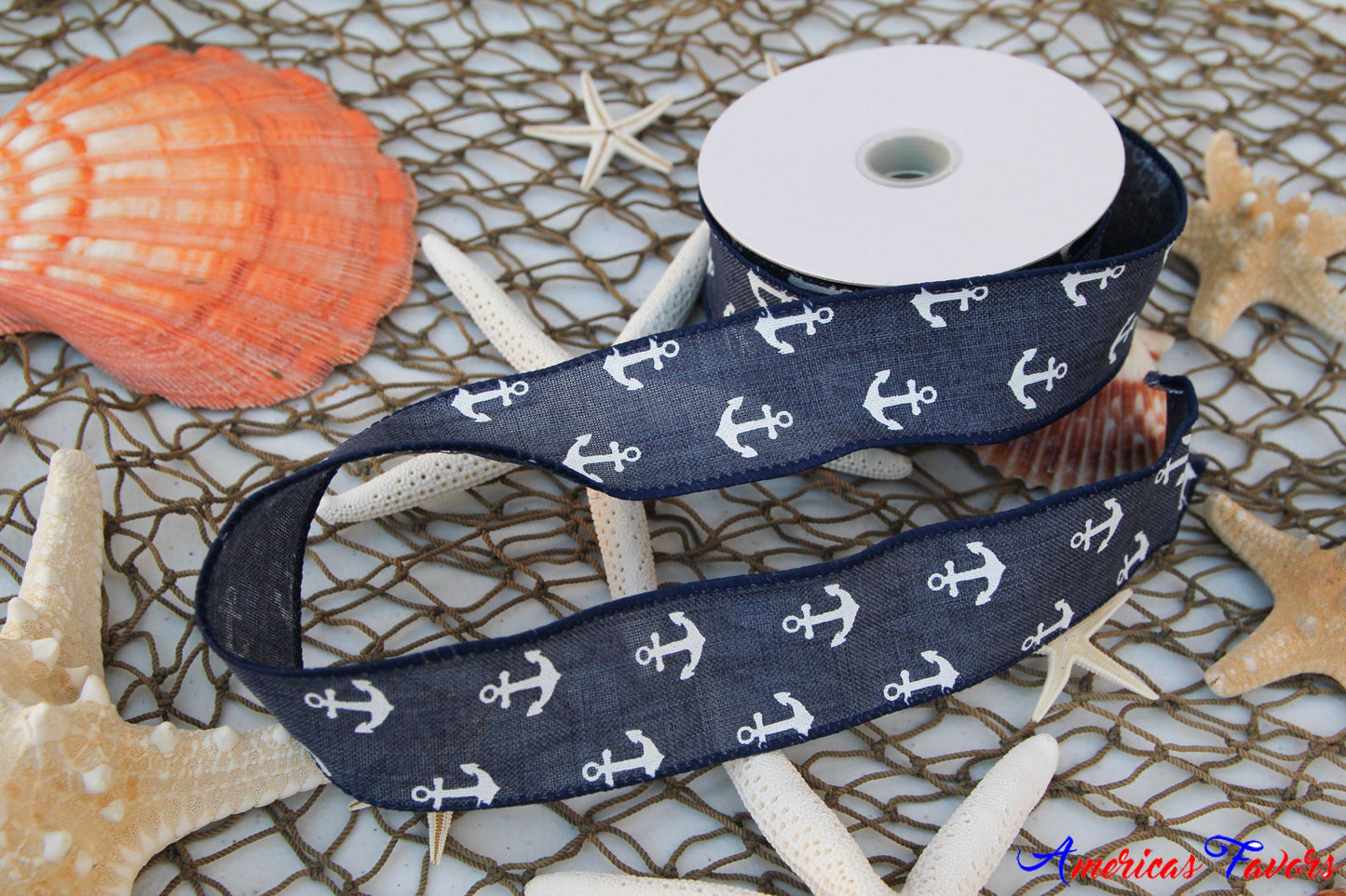 1.5" Wired Navy Anchor Ribbon