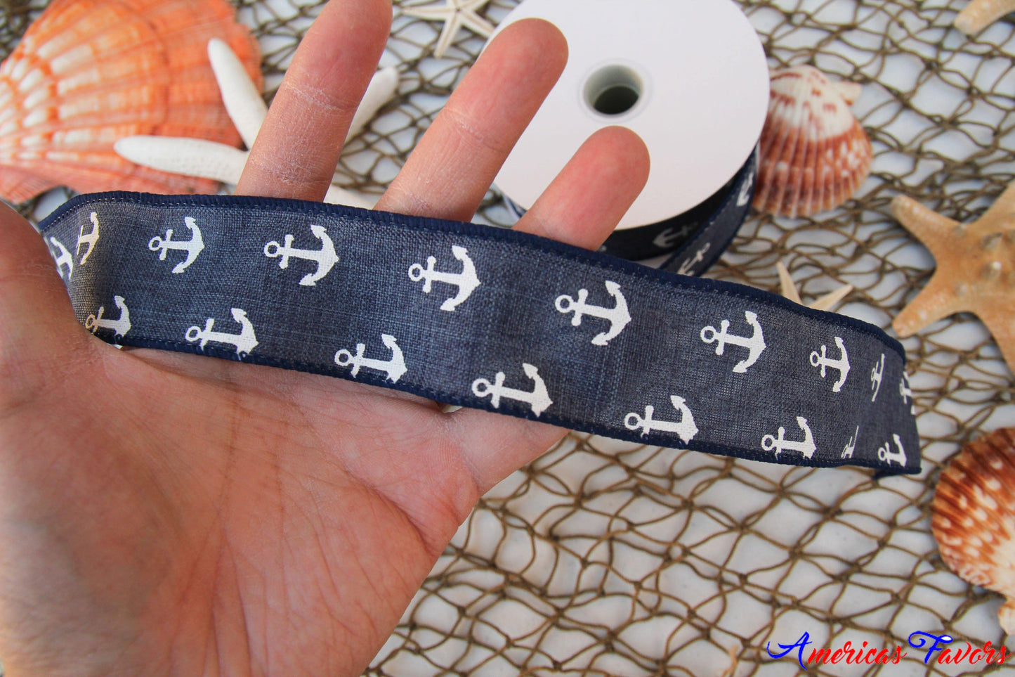 1.5" Wired Navy Anchor Ribbon