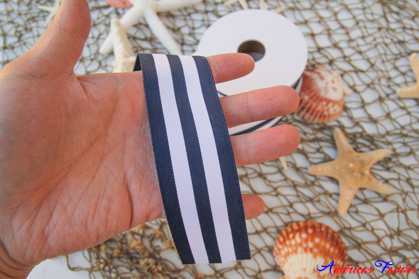 1.5" Striped Navy & White Ribbon