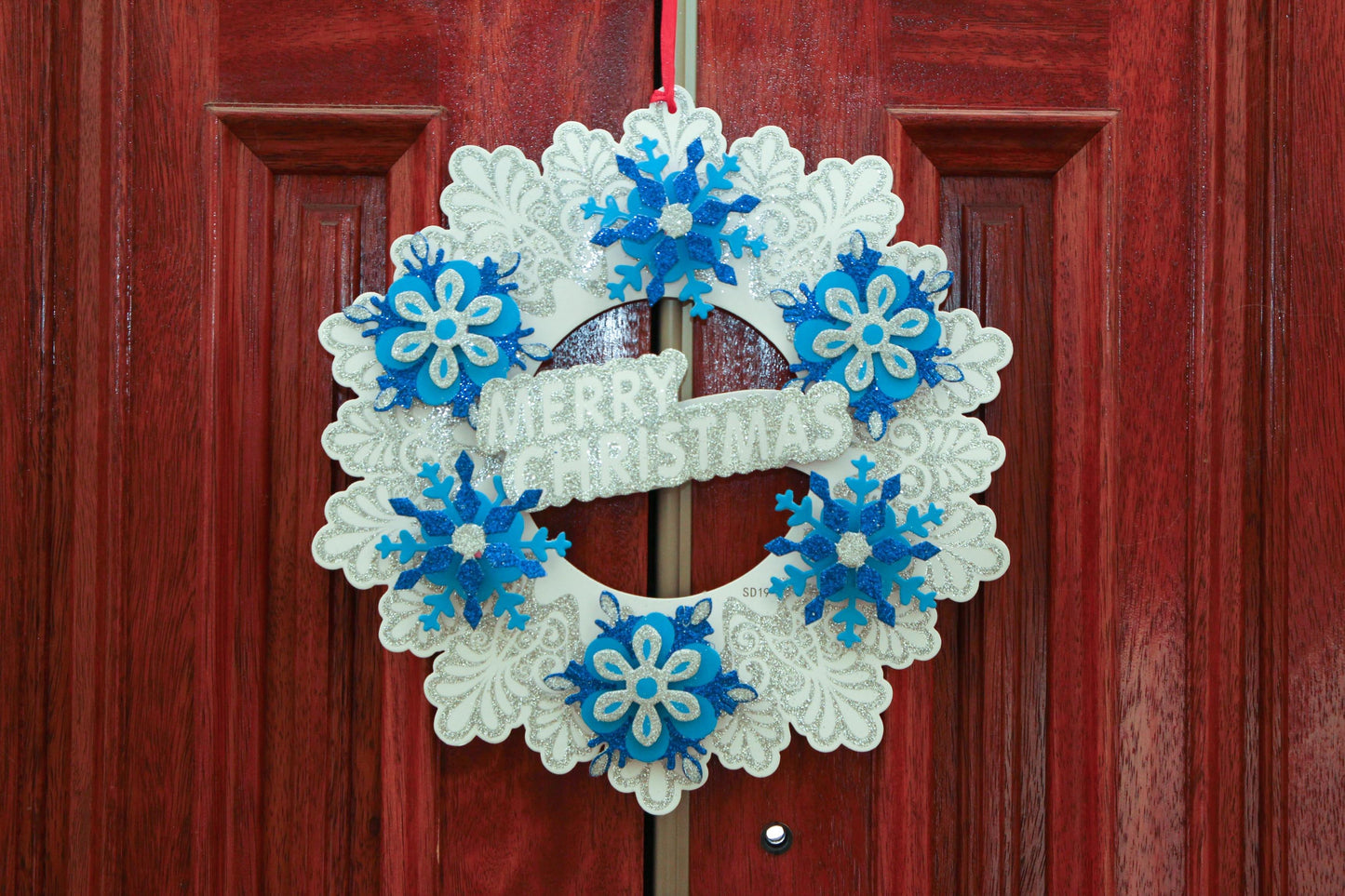 Merry Christmas Glittered Paper White Snowflakes Wreath