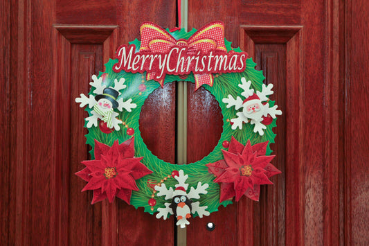 Merry Christmas Paper Santa Claus, Snowman, Poinsettia & Bow Wreath
