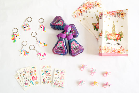 Unicorn Party Favors for Kids Bundle (12 of Each Item) Slime, Bags, Rings, Tattoo & Keychains